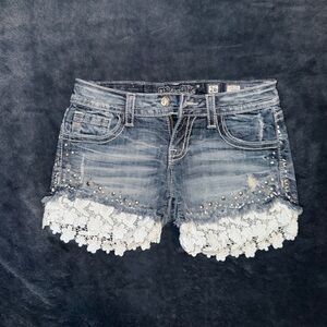 Miss Me Distressed Denim Shorts with White Lace